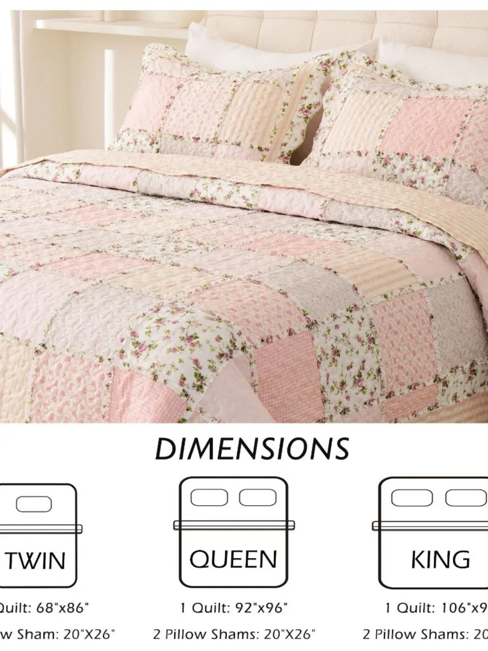 Cmfshape Floral Quilt Set Queen 3 Piece Patchwork Pink Yellow 2 Pillow Shams